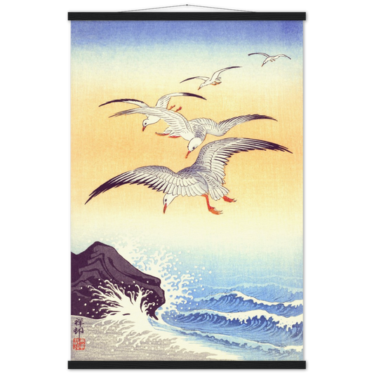 Five Seagulls above Turbulent Sea | Archival Matte Paper Poster & Hanger