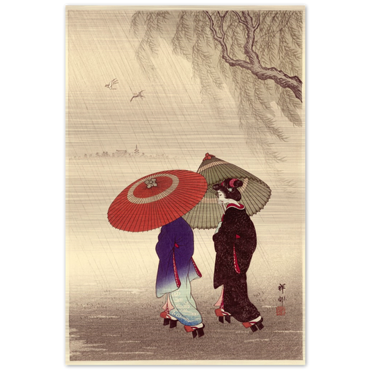 Two Women in the Rain - Ohara Koson | Brushed Aluminum Print