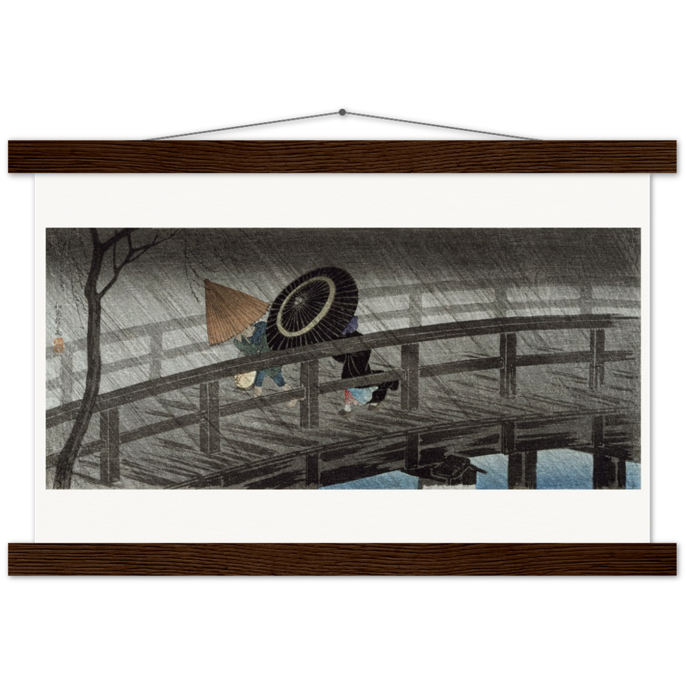 Two persons walking in the rain with umbrellas over the Izumi Bridge. Brown frame.